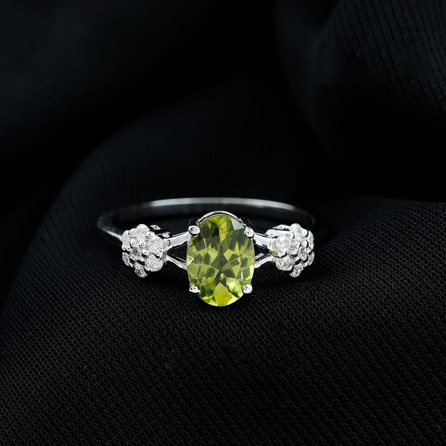 1 Carat Oval Cut Peridot Flower Engagement Ring with Diamonds