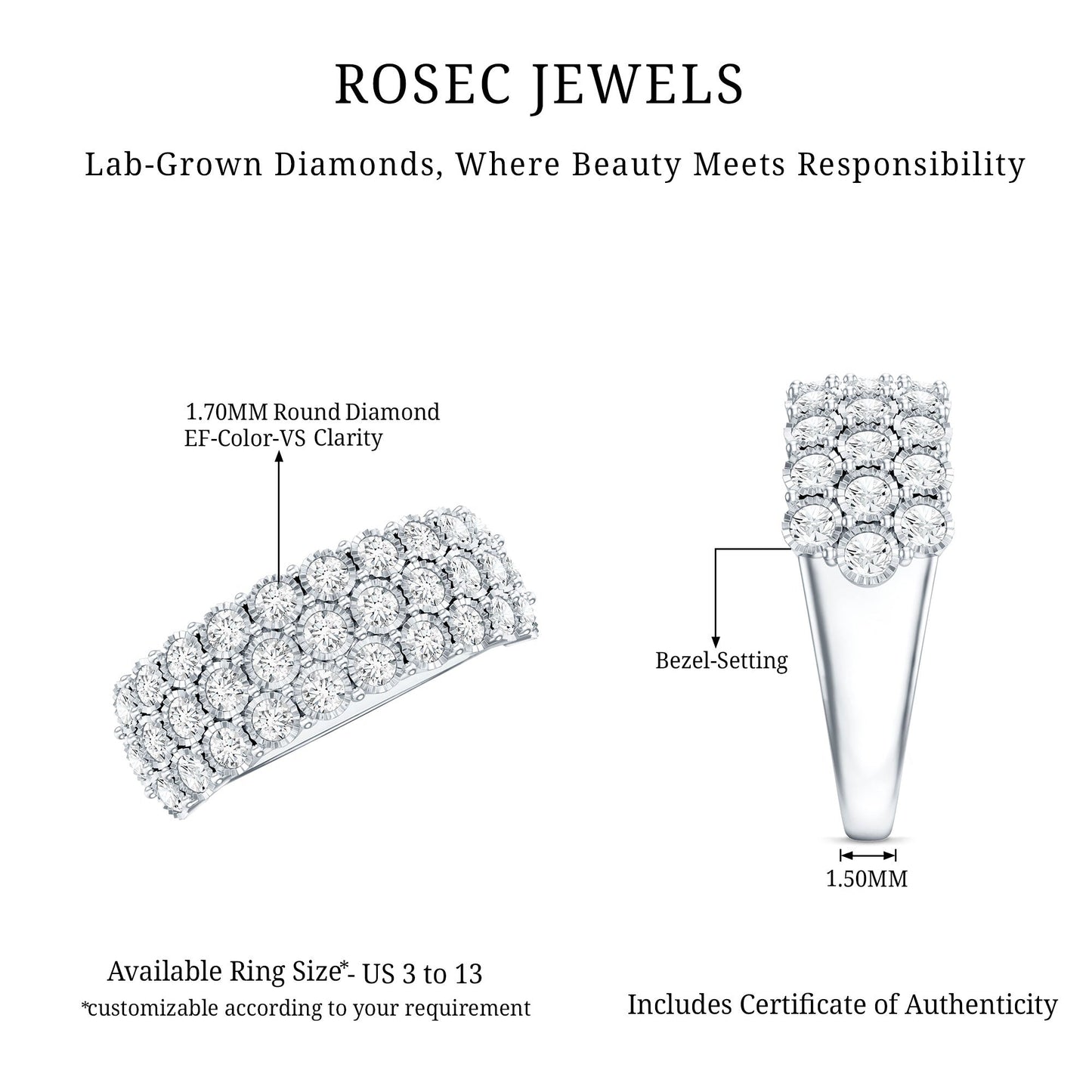 3 Row Lab Grown Diamond Wide Wedding Band with Certificate
