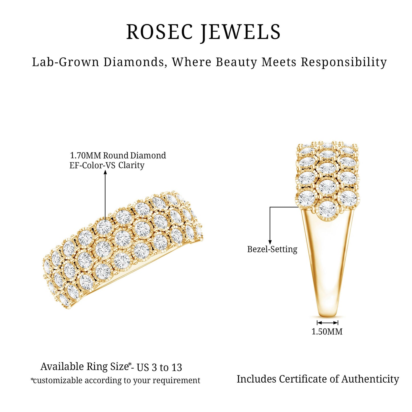 3 Row Lab Grown Diamond Wide Wedding Band with Certificate