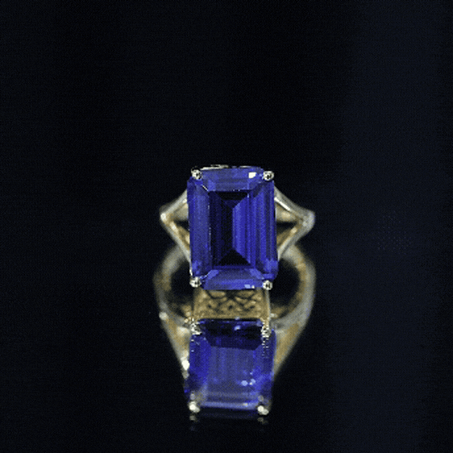 8 Carat Lab Created Tanzanite Emerald Cut Engagement Ring with Split Shank