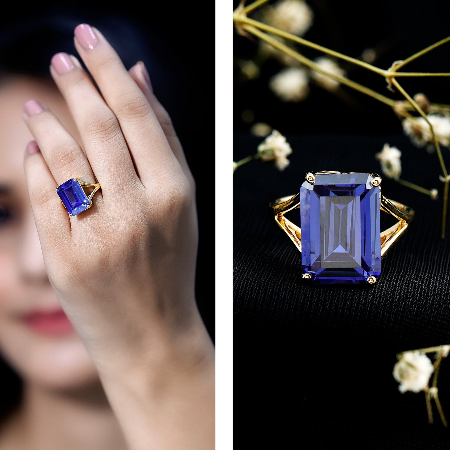 8 Carat Lab Created Tanzanite Emerald Cut Engagement Ring with Split Shank