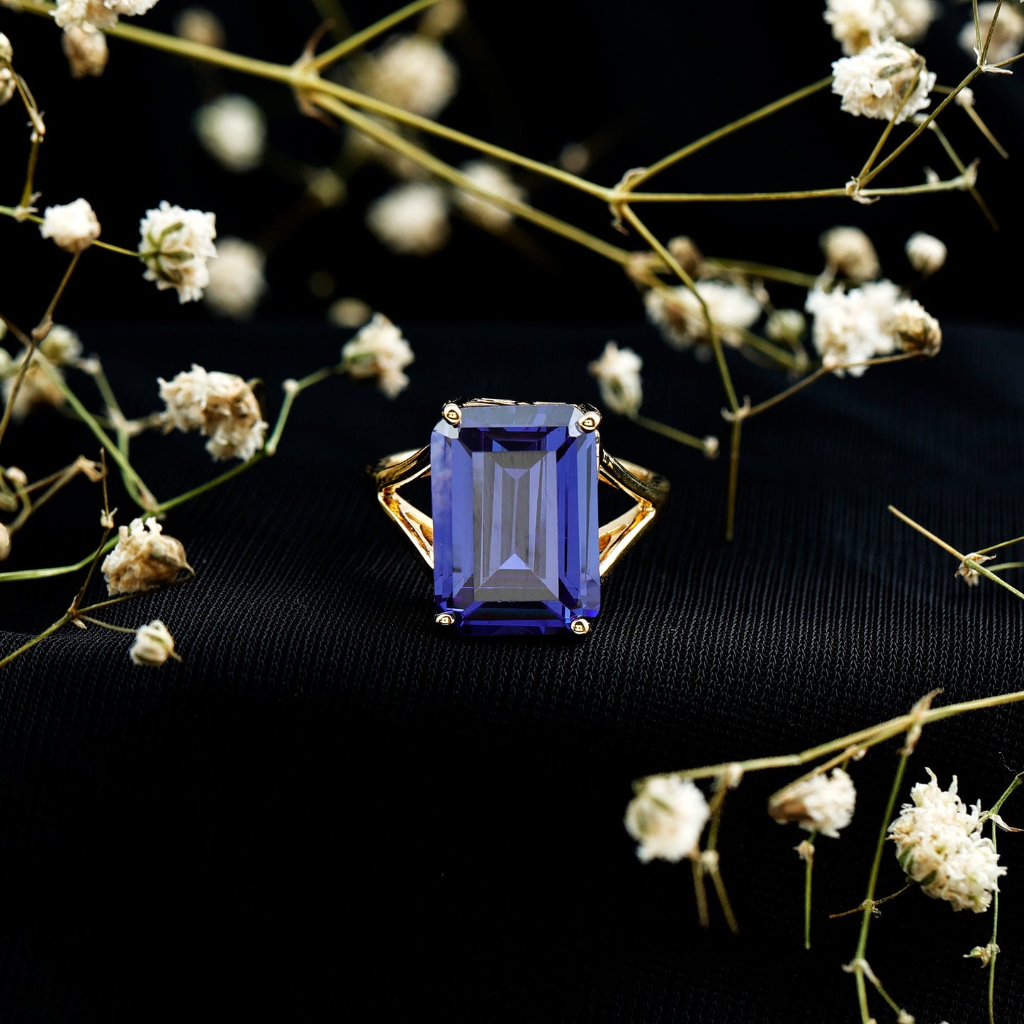 8 Carat Lab Created Tanzanite Emerald Cut Engagement Ring with Split Shank