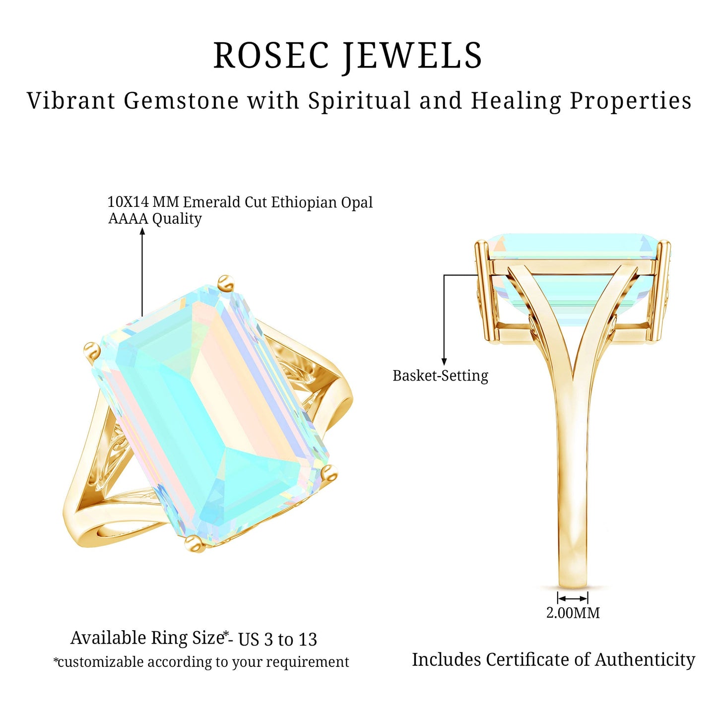 Certified 8 Carat Emerald Cut Lab Created Ethiopian Opal Engagement Ring in Silver