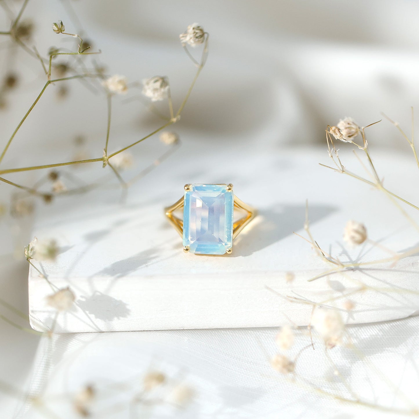 Certified 8 Carat Emerald Cut Lab Created Ethiopian Opal Engagement Ring in Silver