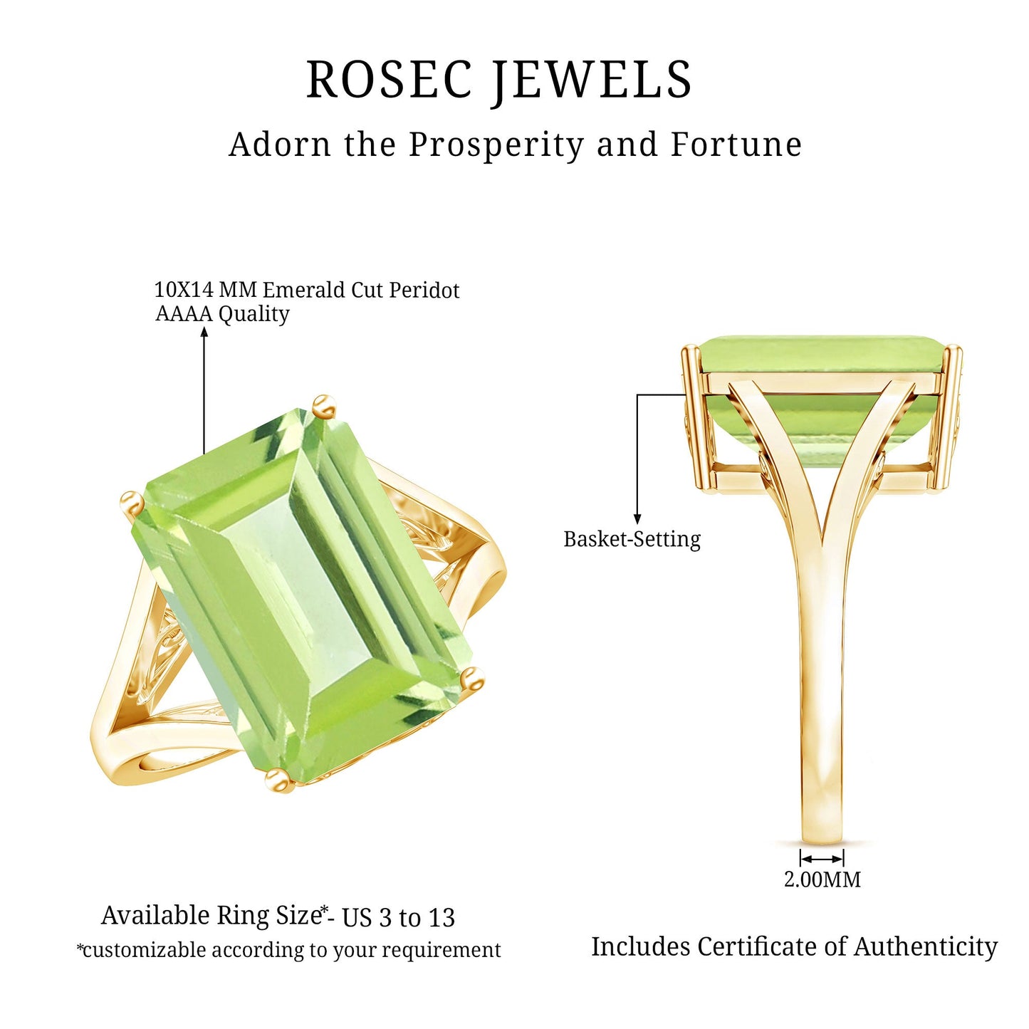 8 Carat Lab Created Peridot Emerald Cut Engagement Ring with Split Shank