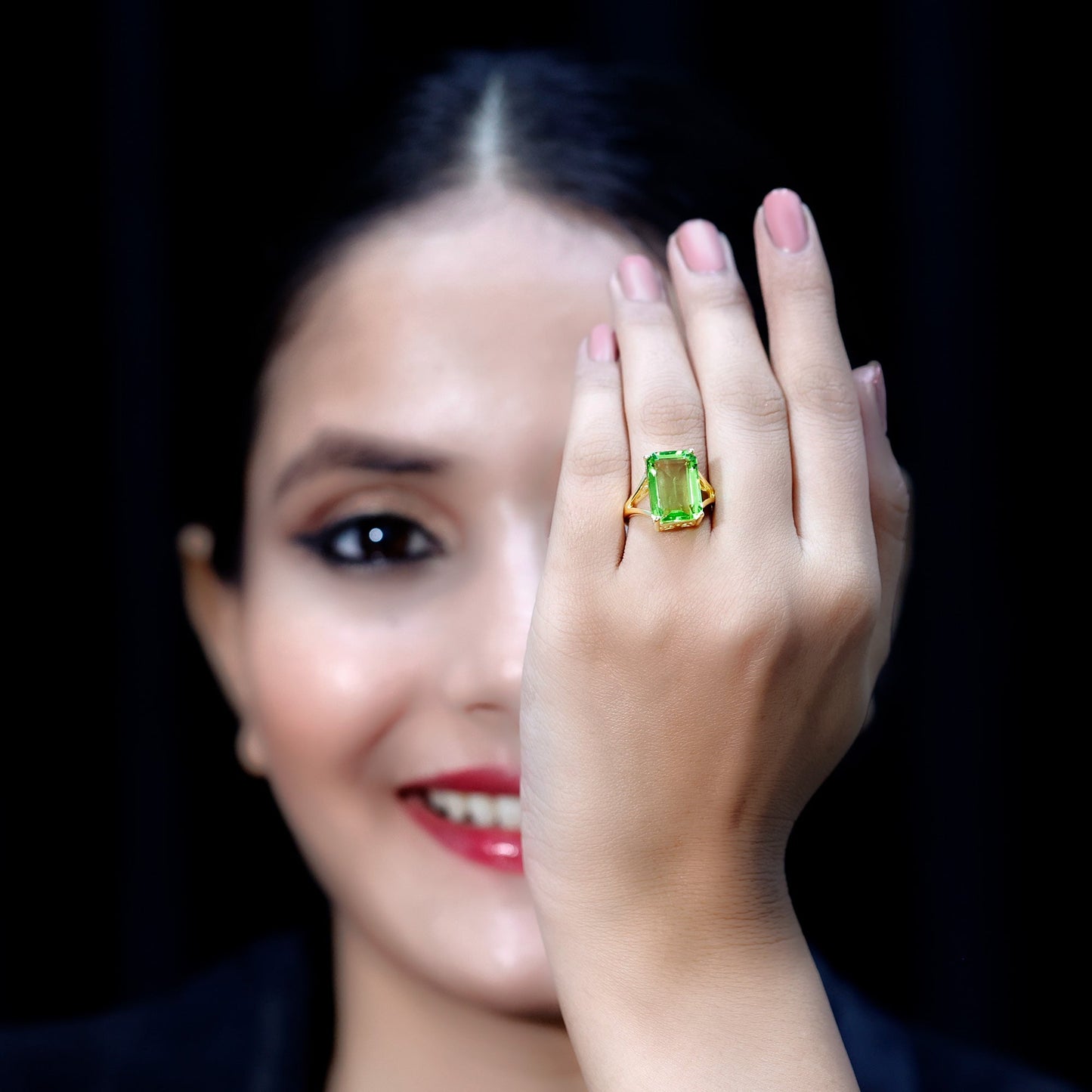 8 Carat Lab Created Peridot Emerald Cut Engagement Ring with Split Shank
