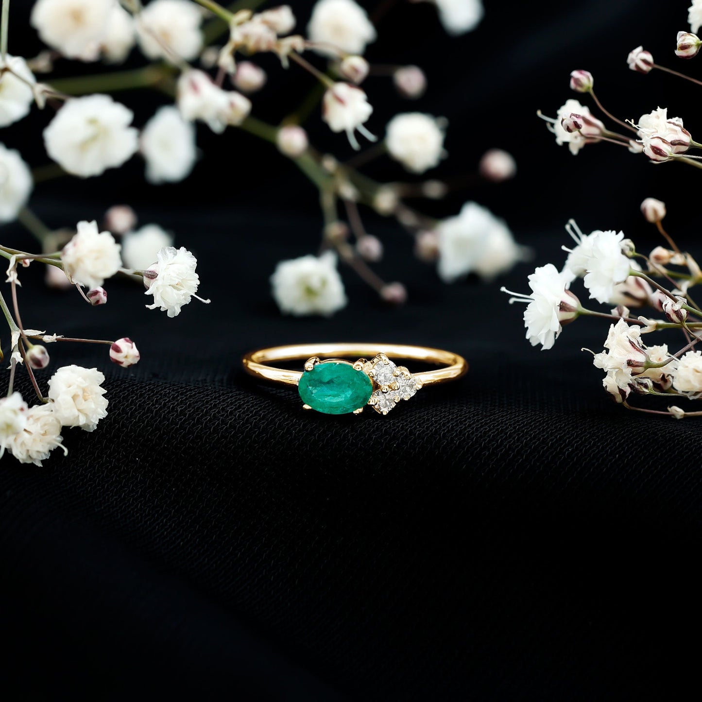 AAA Quality Oval Cut Emerald East West Promise Ring with Diamond Trio