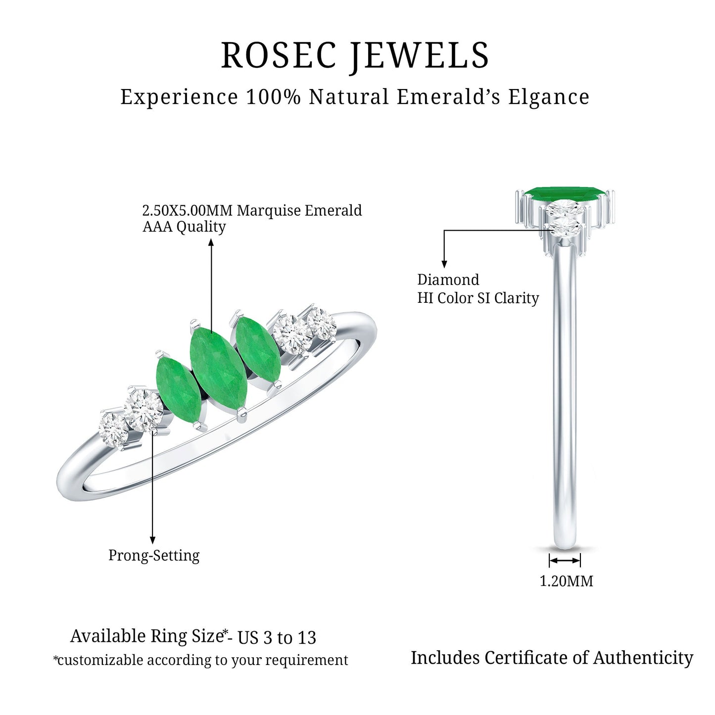 Marquise Emerald and Diamond 3 Stone Anniversary Ring for Women