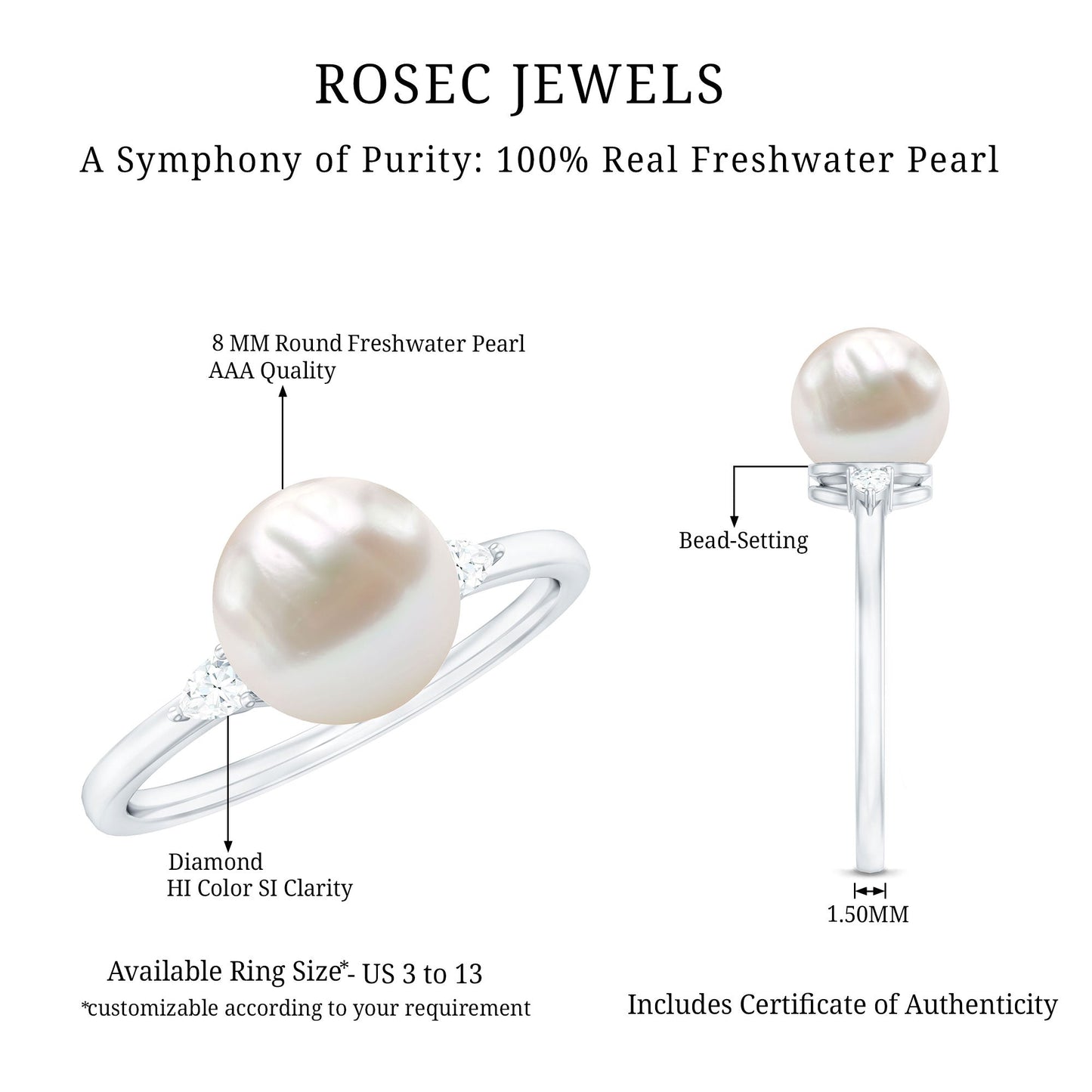 Real 7.48 Carat Freshwater Pearl Solitaire Engagement Ring with Diamond