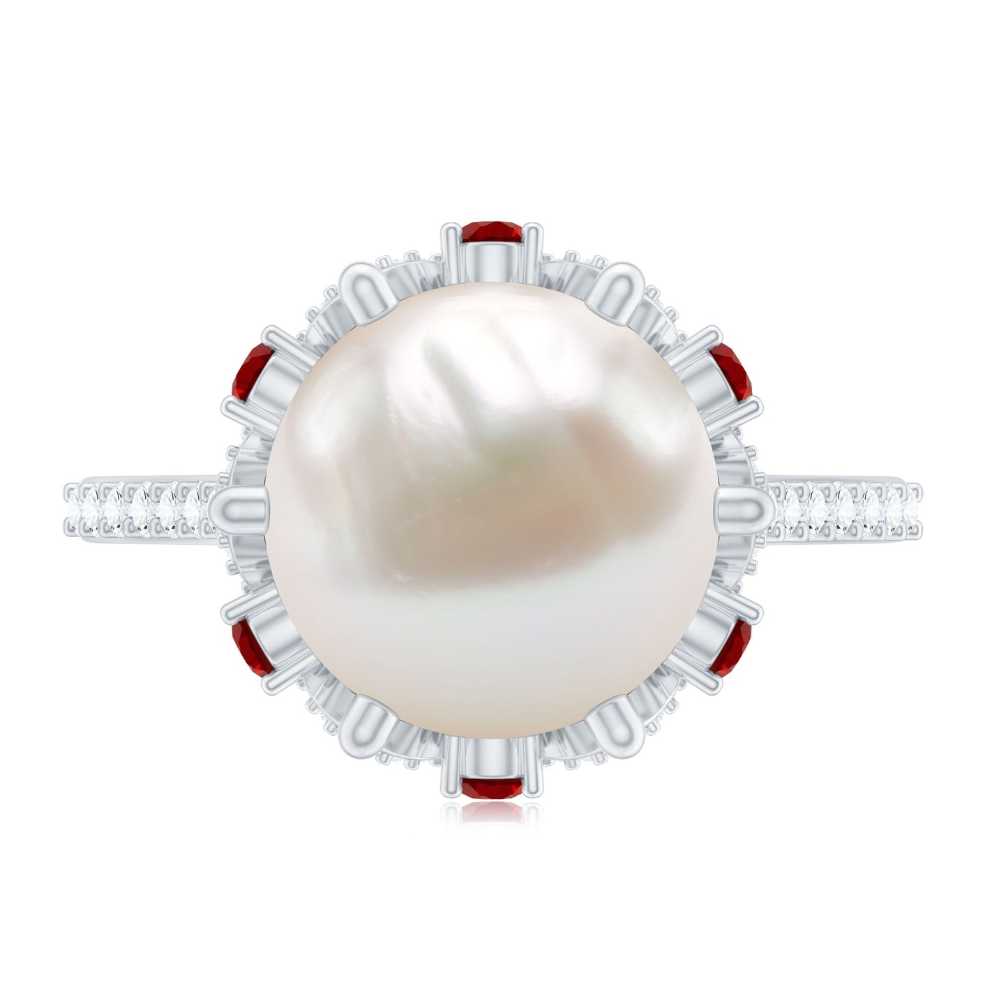 Designer 8 Carat Freshwater Pearl Engagement Ring with Ruby and Moissanite