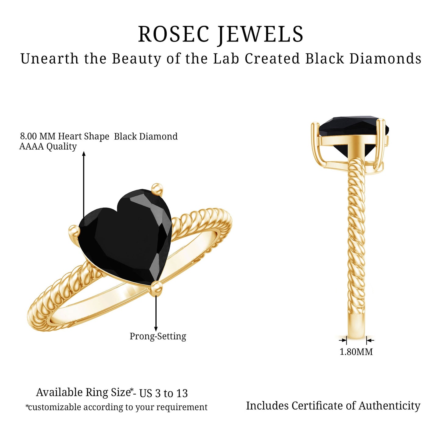 2.4 Carat Lab Grown Black Diamond Heart Engagement Ring for Women