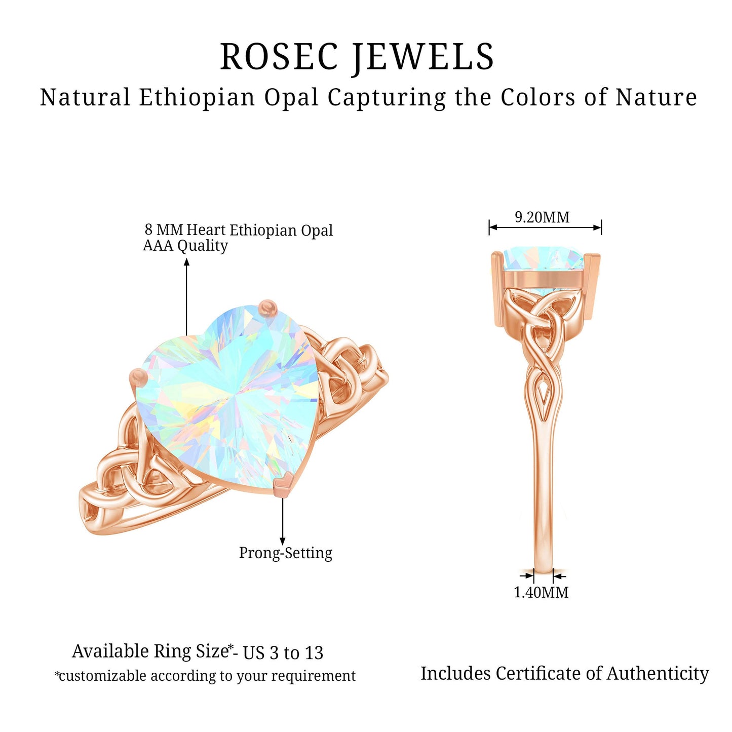 Certified 2 Carat Ethiopian Opal Heart Engagement Ring with Celtic Knot
