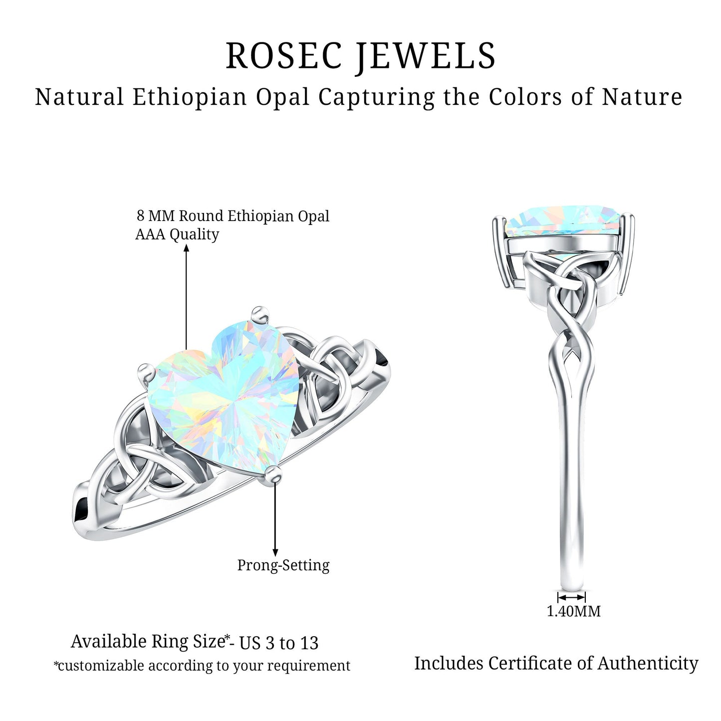 Certified 2 Carat Ethiopian Opal Heart Engagement Ring with Celtic Knot
