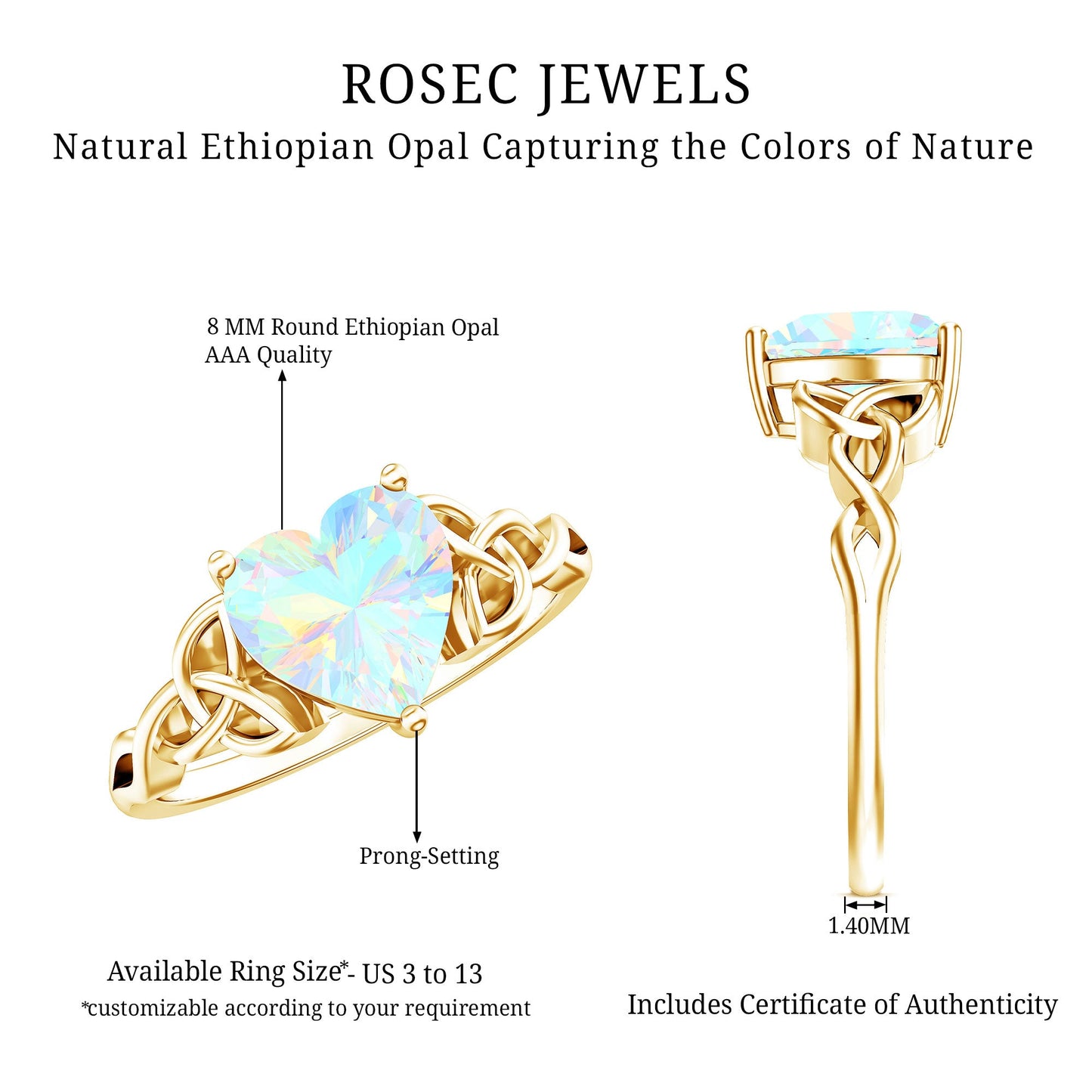 Certified 2 Carat Ethiopian Opal Heart Engagement Ring with Celtic Knot