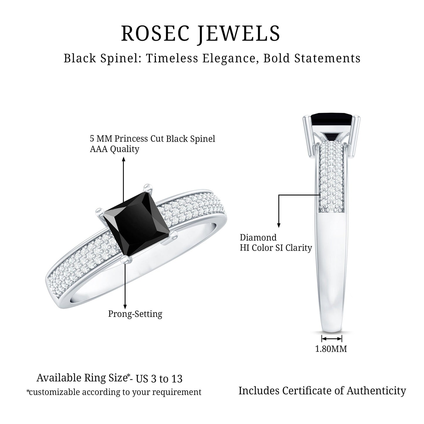 Princess Cut Black Spinel Engagement Ring with Diamond Side Stones