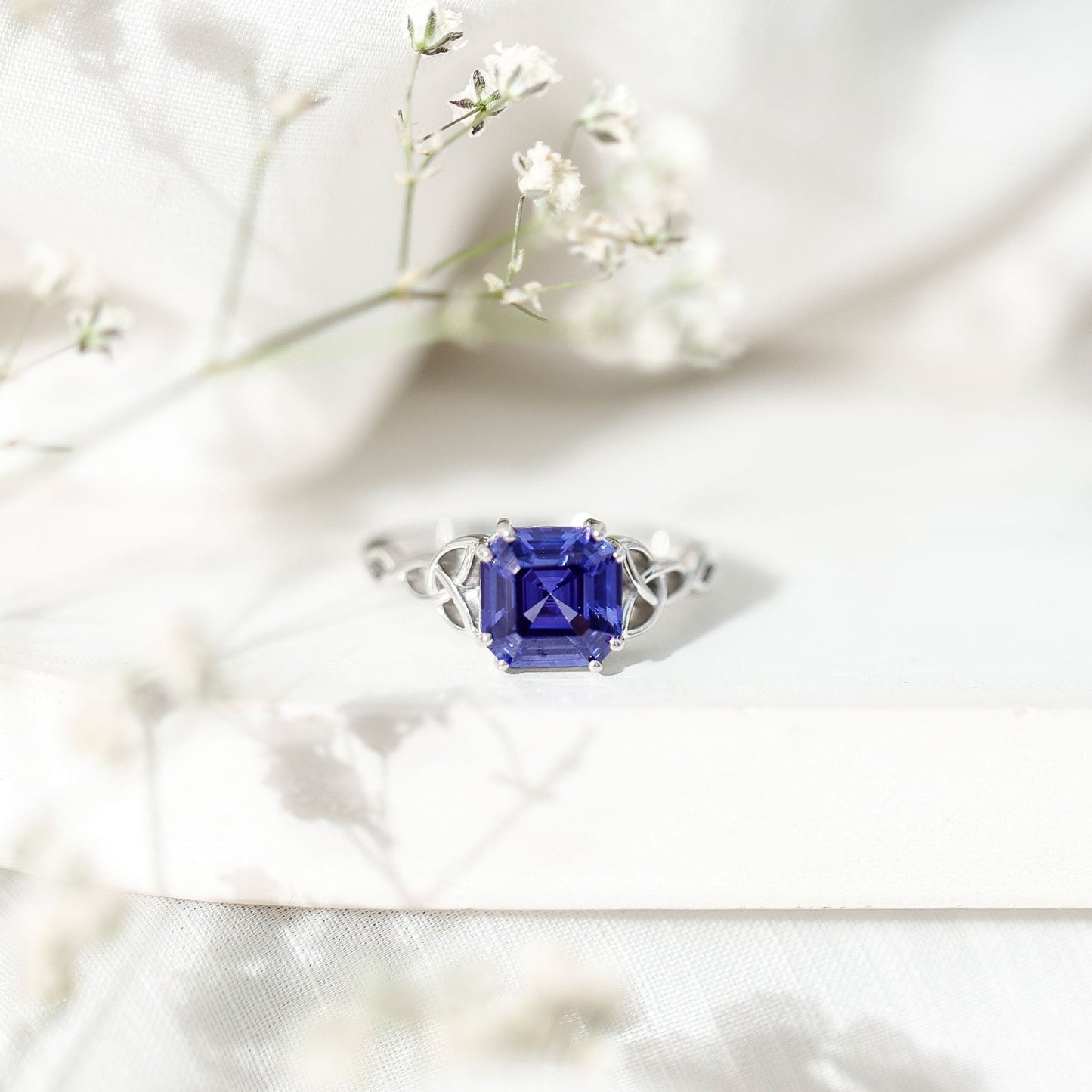 Certified 4.8 Carat Asscher Cut Lab Created Blue Sapphire Celtic Knot Engagement Ring