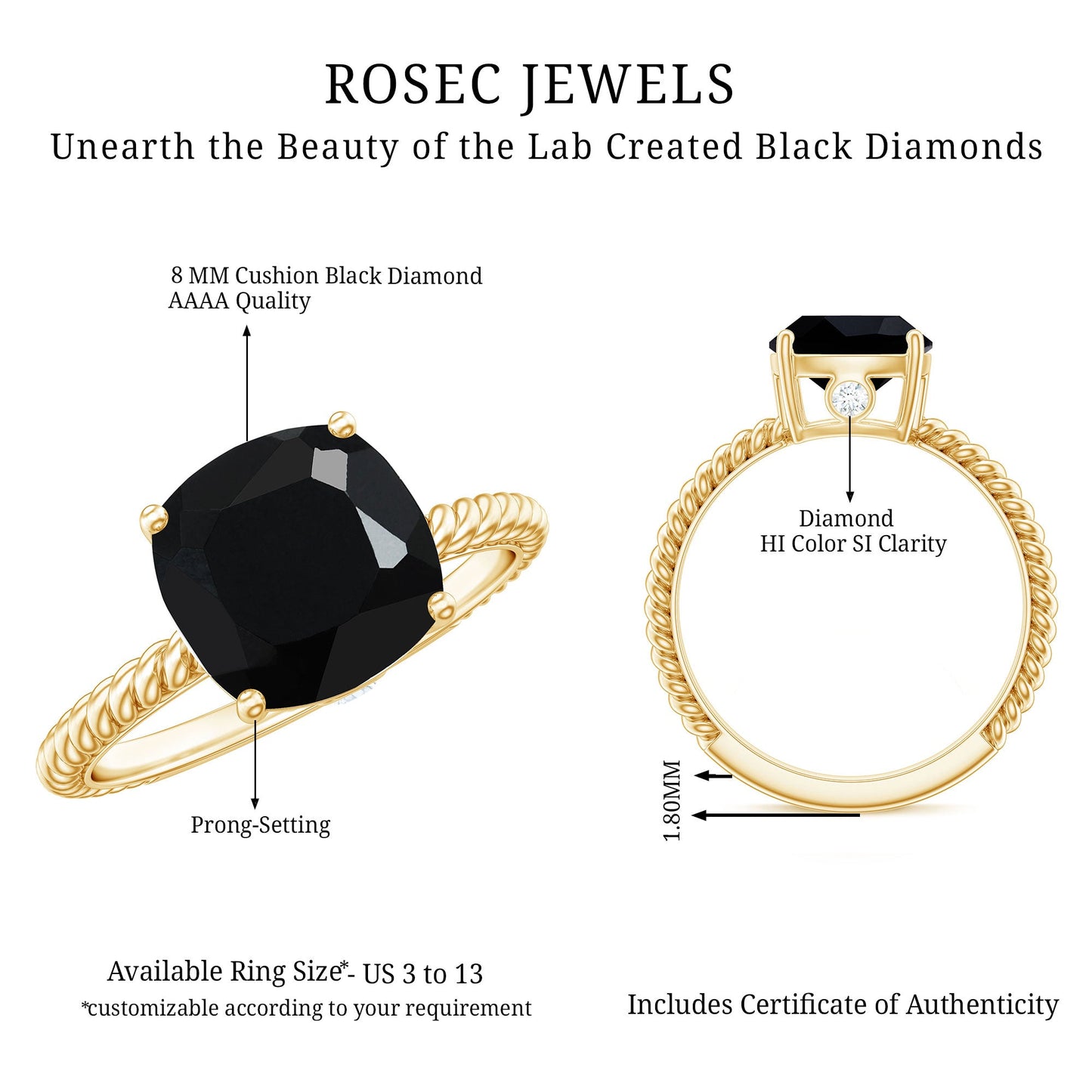 2.8 Carat Cushion Cut Lab Grown Black Diamond Engagement Ring with Surprise White Diamond