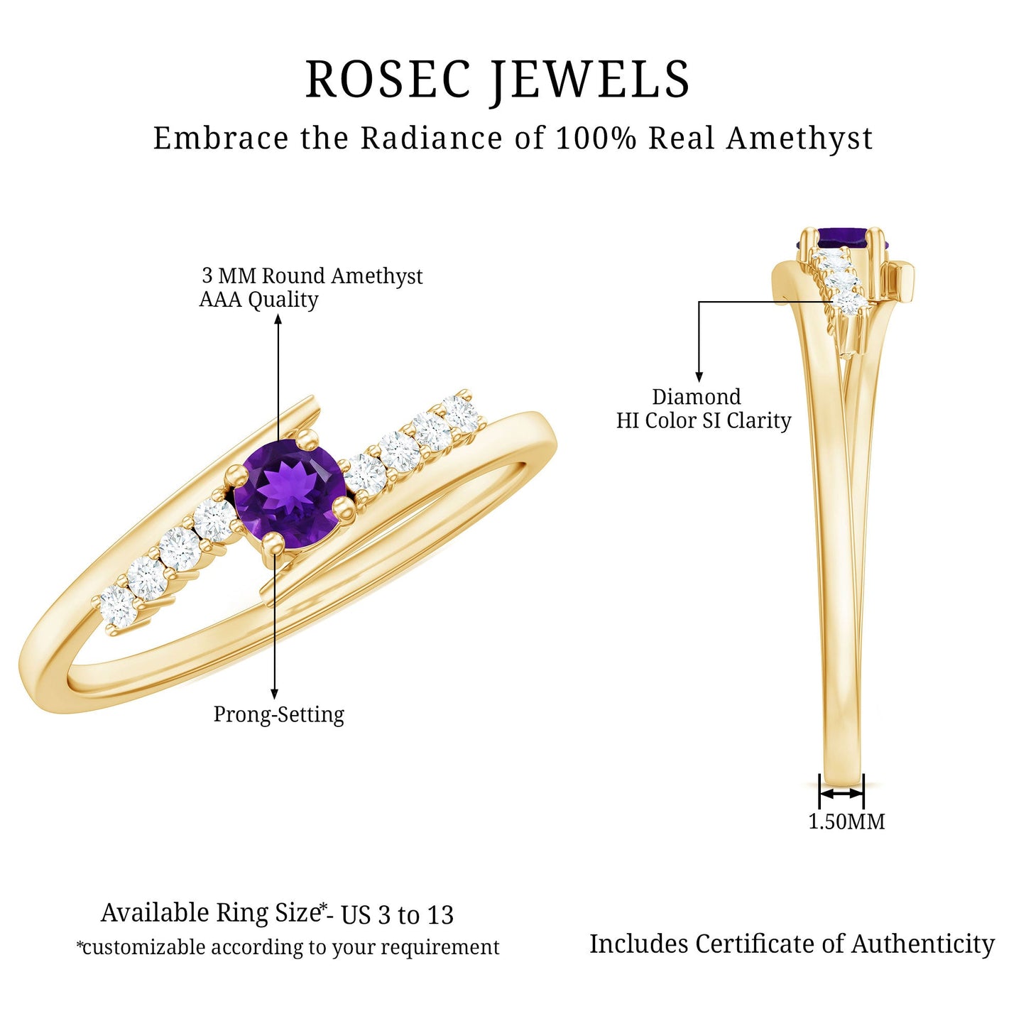 Real Amethyst and Diamond Bypass Promise Ring with Certificate