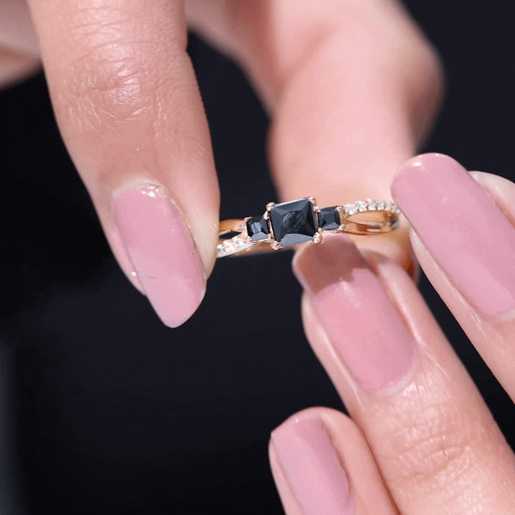 Princess Cut Black Onyx 3 Stone Promise Ring with Diamond