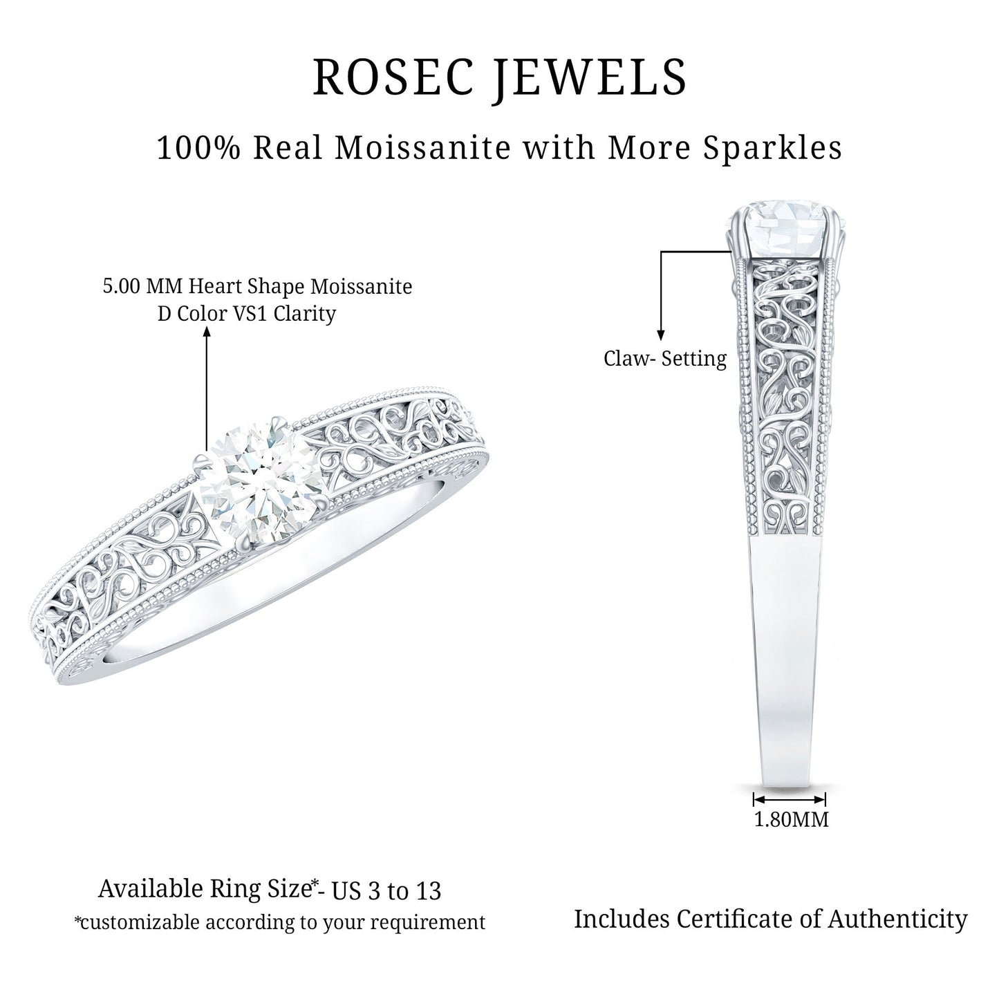 Round Cut Moissanite Solitaire Engagement Ring with Filigree Band