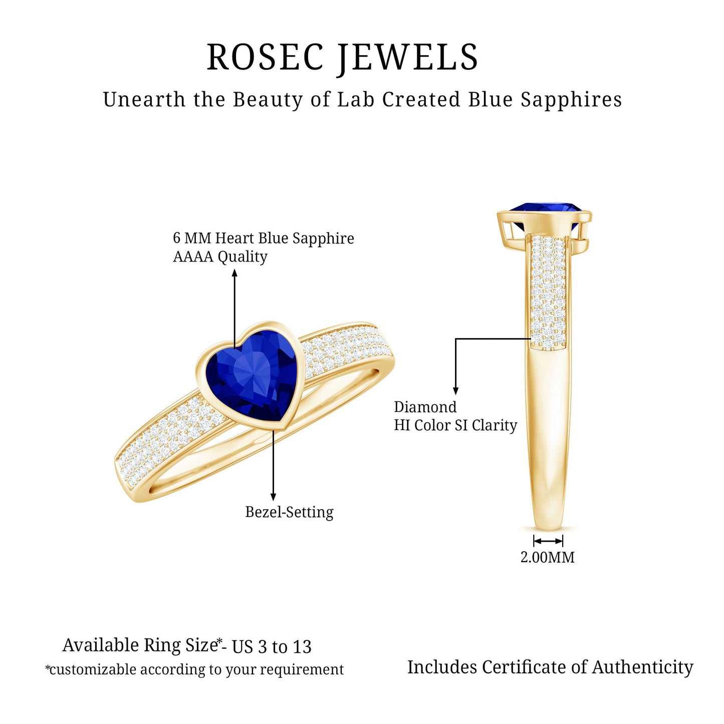 Heart Shape Created Blue Sapphire Solitaire Ring with Diamond Side Stone