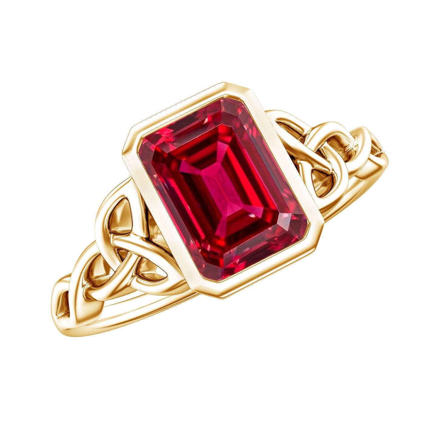 Bezel Set Emerald Cut Lab Created Ruby Celtic Engagement Ring