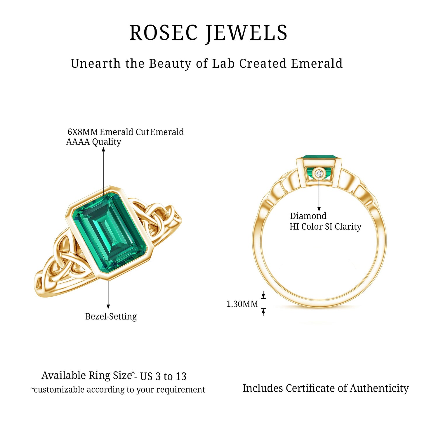 Certified Lab Grown Emerald Cut Emerald Engagement Ring with Celtic Knot