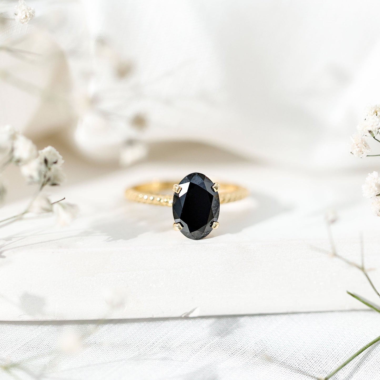 4.2 Carat Oval Lab Grown Black Diamond Solitaire Engagement Ring with Surprise White Diamond
