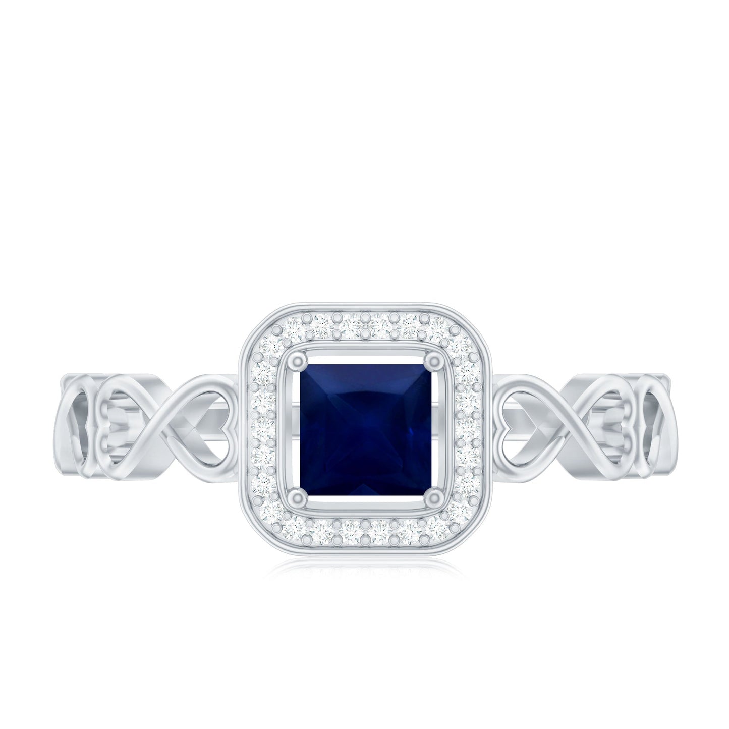 Natural Princess Cut Blue Sapphire Diamond Promise Ring with Infinity Heart Shank