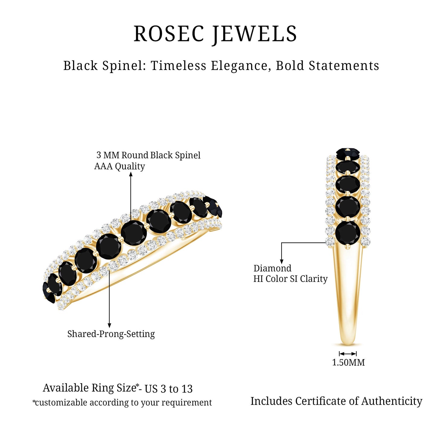 Natural Black Spinel Diamond Half Eternity Ring for Anniversary