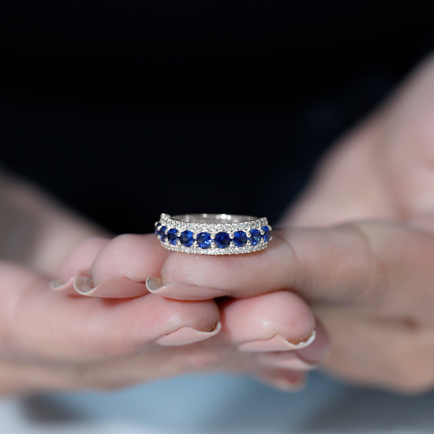 Certified Lab Grown Blue Sapphire Half Eternity Band Ring with Diamond
