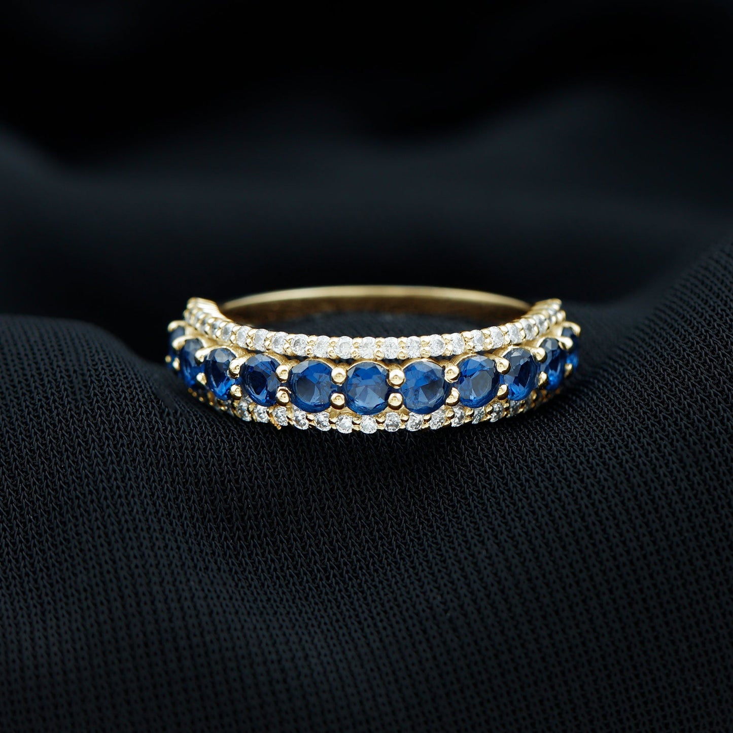 Certified Lab Grown Blue Sapphire Half Eternity Band Ring with Diamond