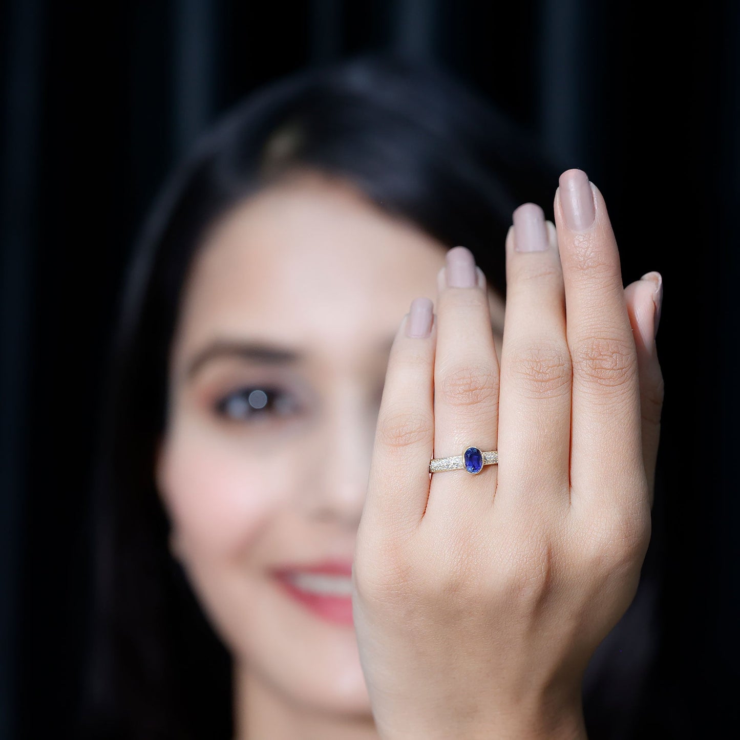 Certified 0.6 Carat Oval Lab Grown Blue Sapphire Engagement Ring with Diamond