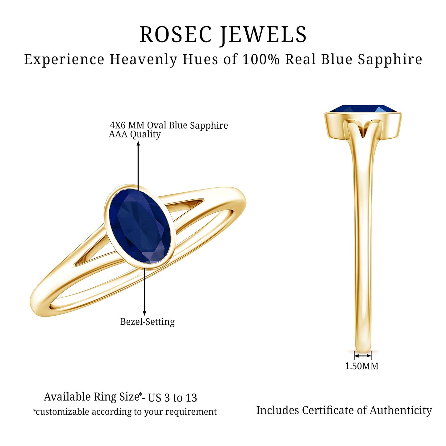 Natural 0.6 Carat Oval Shape Blue Sapphire Promise Ring with Split Shank