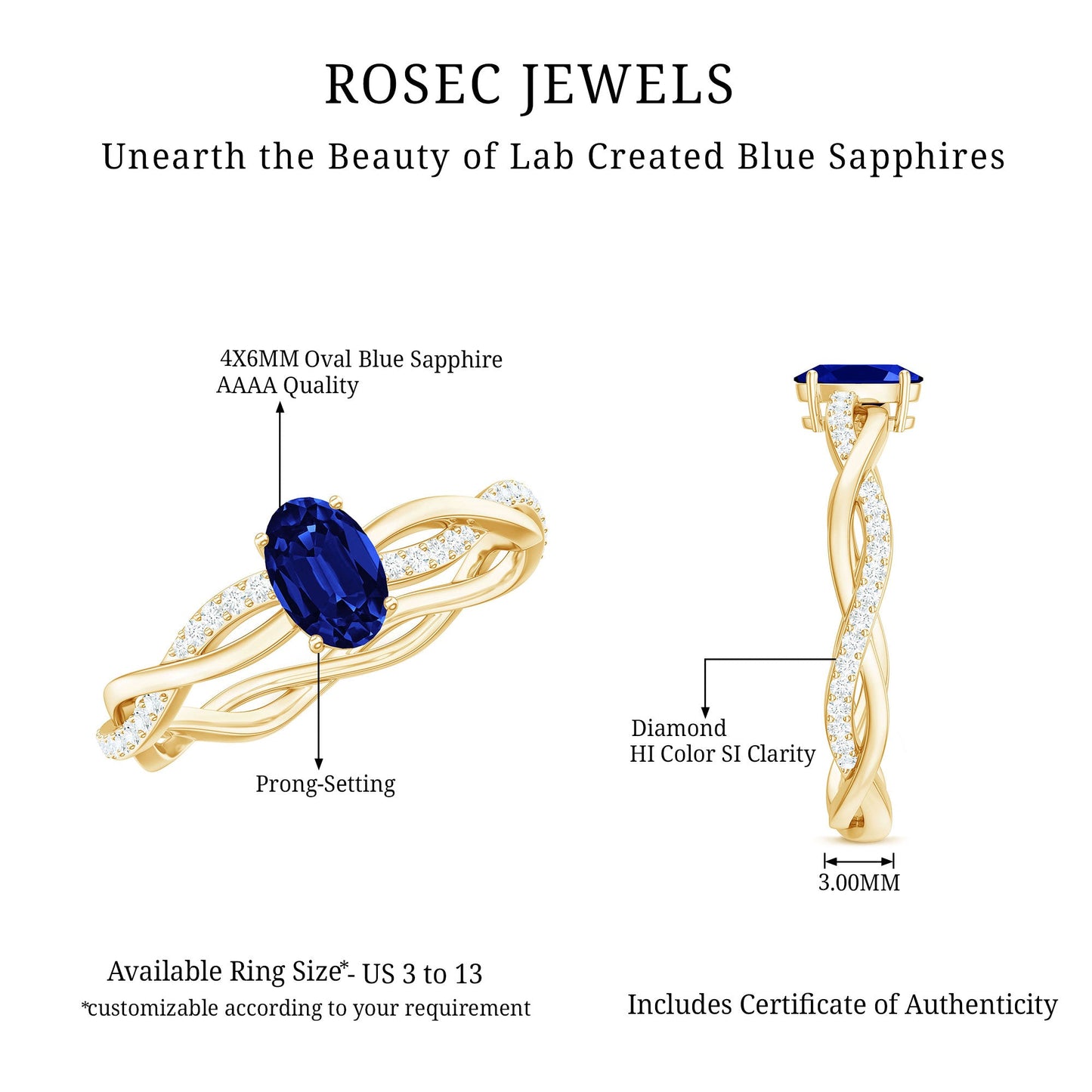 Certified 0.6 Carat Oval Lab Grown Blue Sapphire Engagement Ring with Diamond Braided Shank