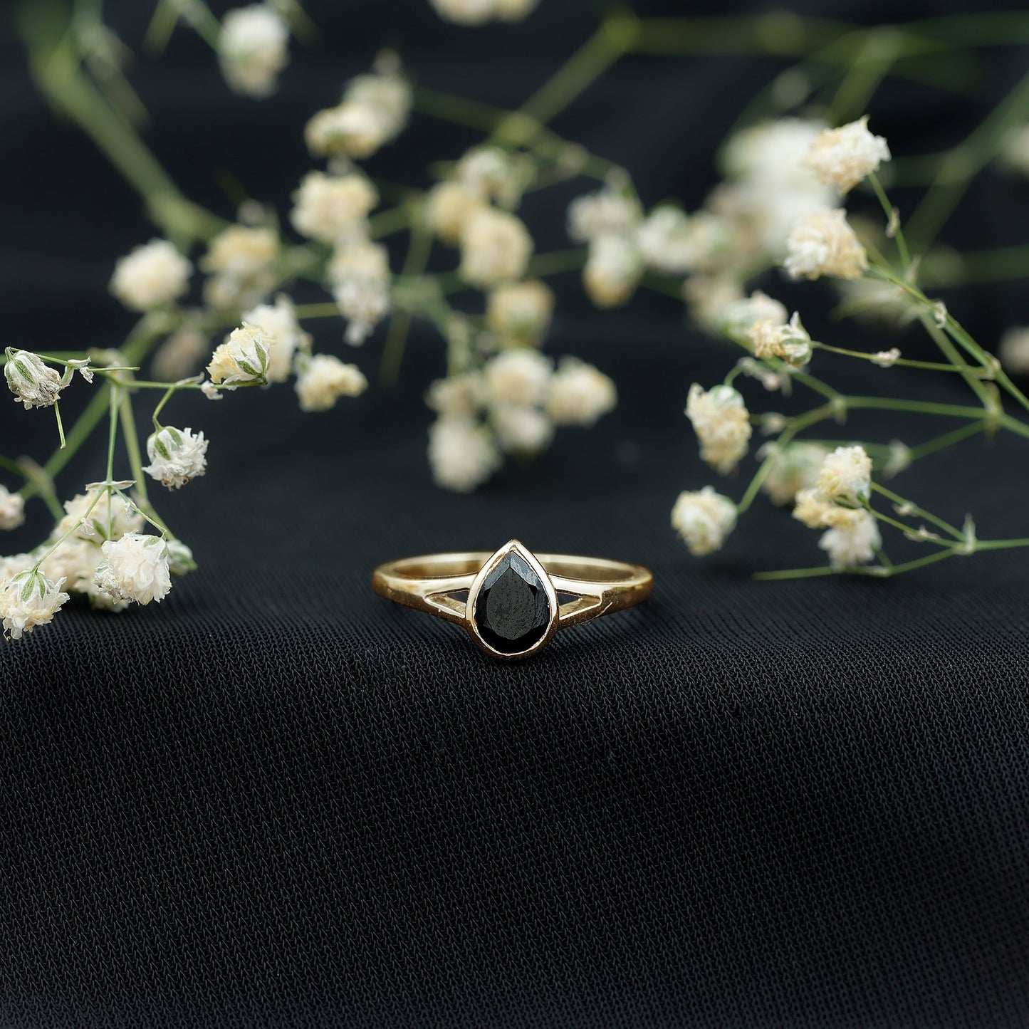 Bezel Set Black Onyx Pear Engagement Ring in Split Shank