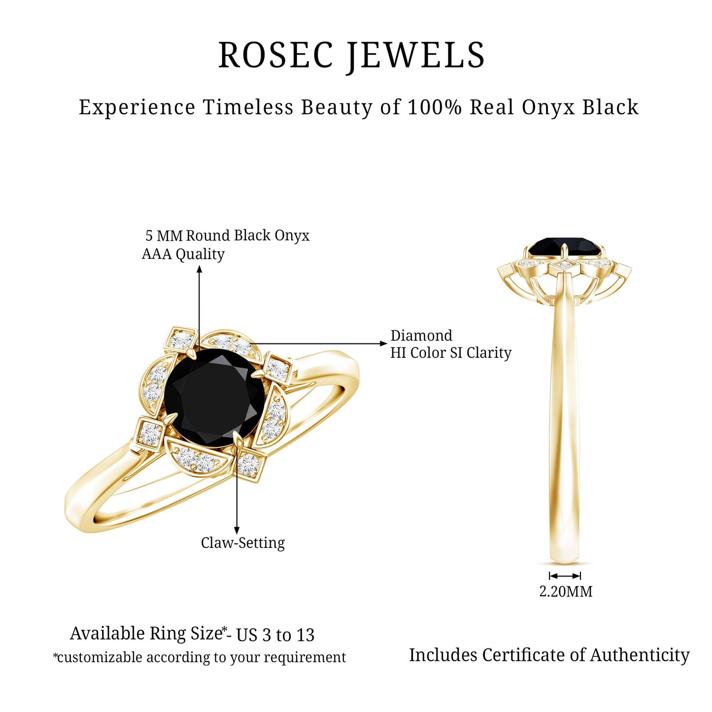 Round Cut Black Onyx and Diamond Flower Engagement Ring