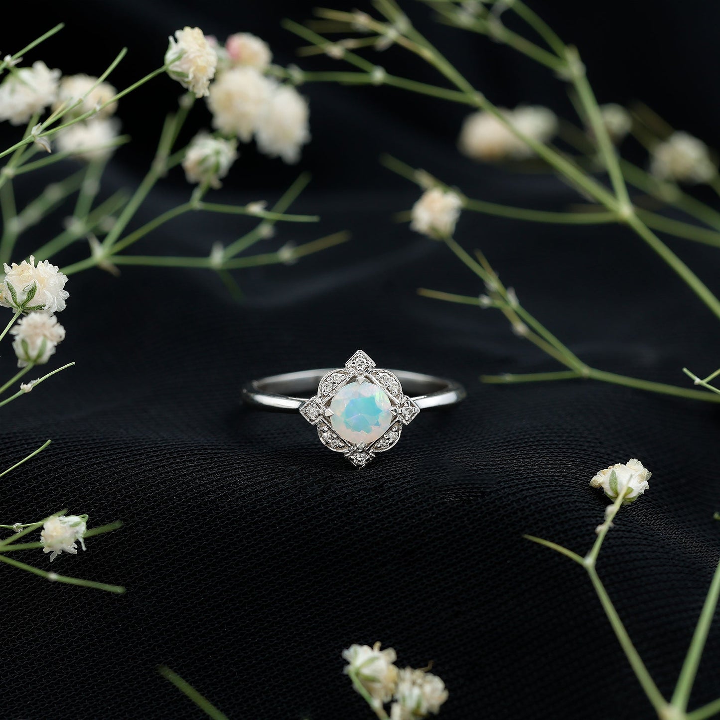Real Ethiopian Opal Vintage Looking Engagement Ring with Diamond