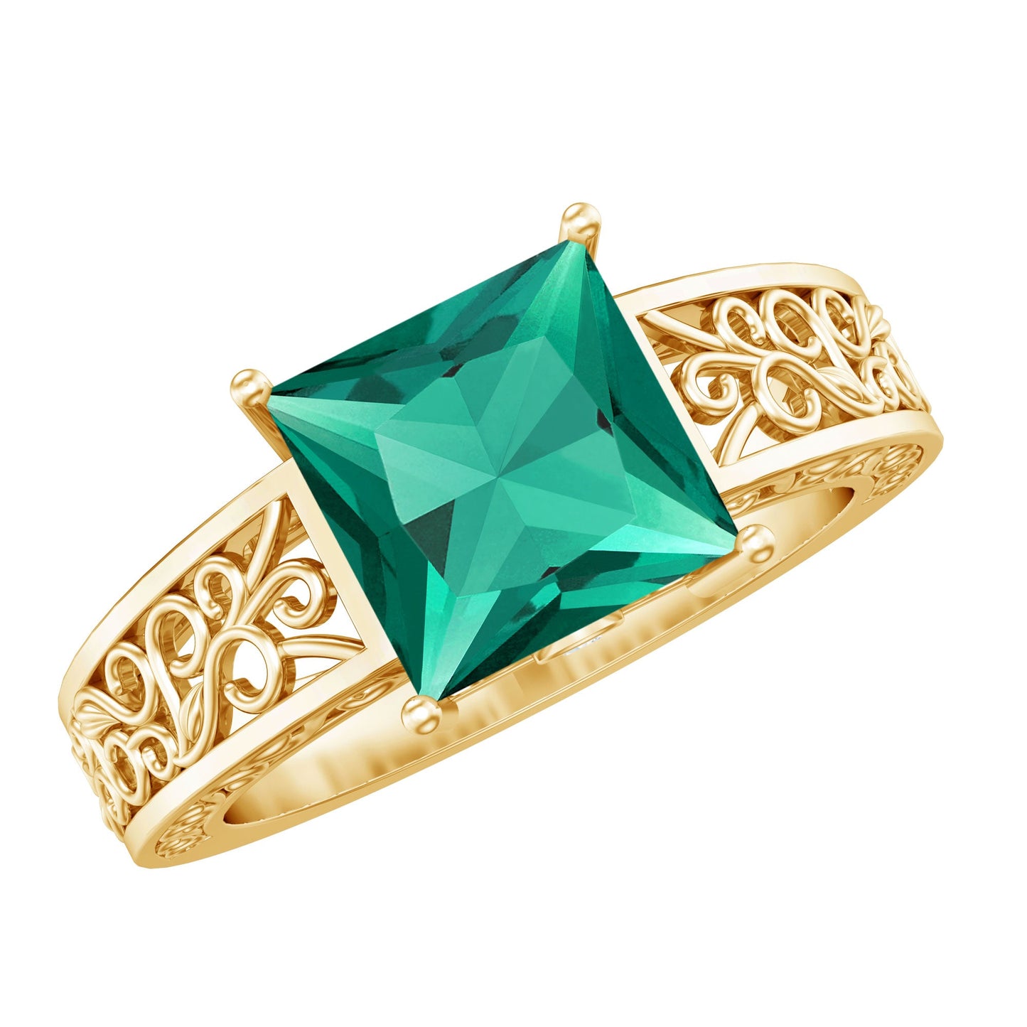 Certified 2.4 Carat Princess Cut Lab Grown Emerald Filigree Engagement Ring