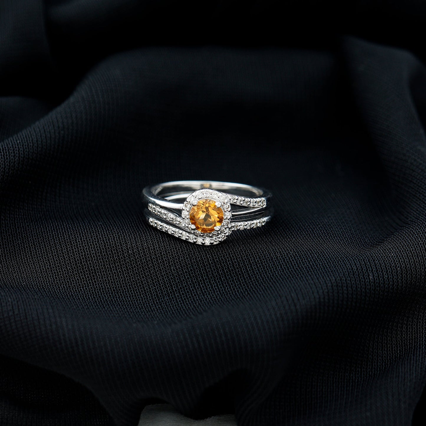 Genuine Citrine Engagement Ring with Diamond Wedding Band