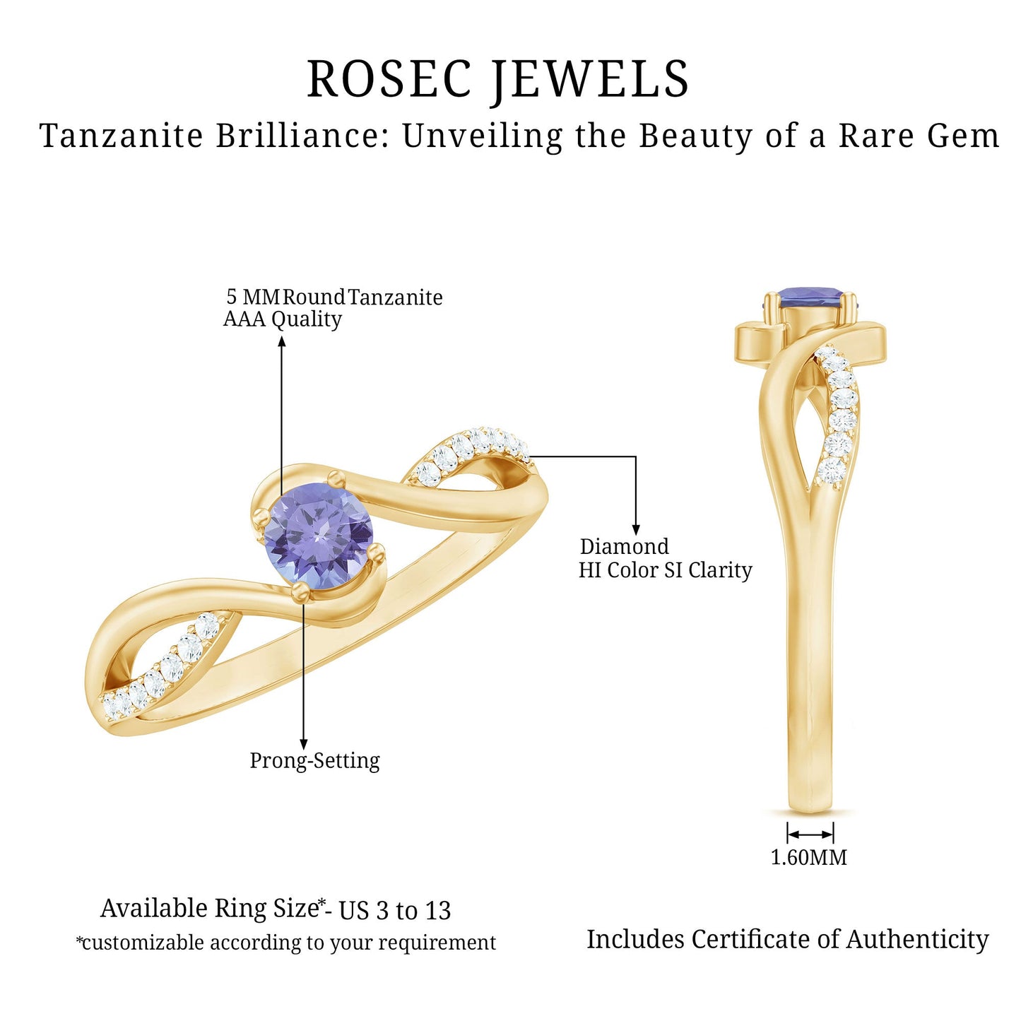 Real Tanzanite Diamond Promise Ring with Bypass Shank