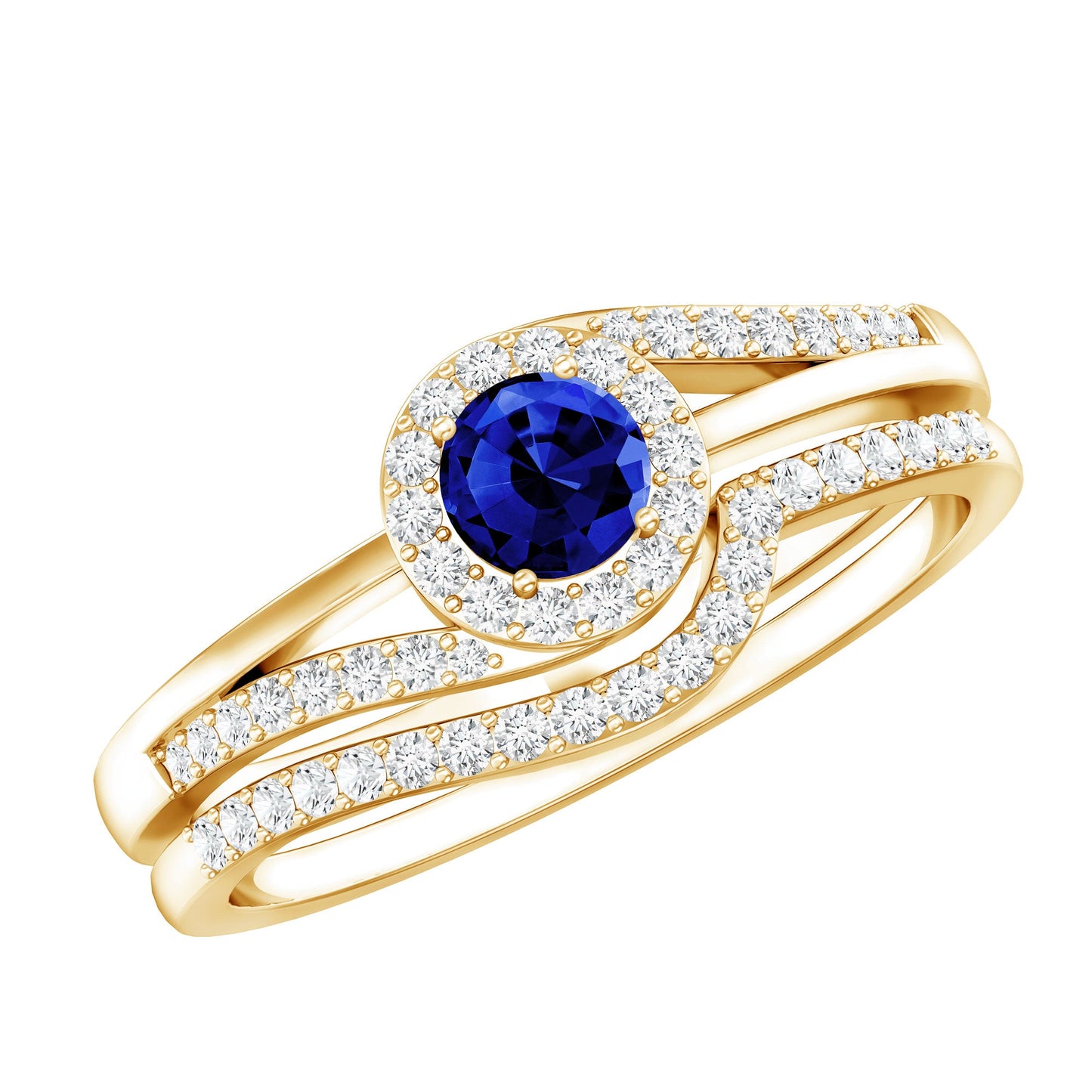 Certified Lab Grown Blue Sapphire Wedding Engagement Ring Set with Diamond