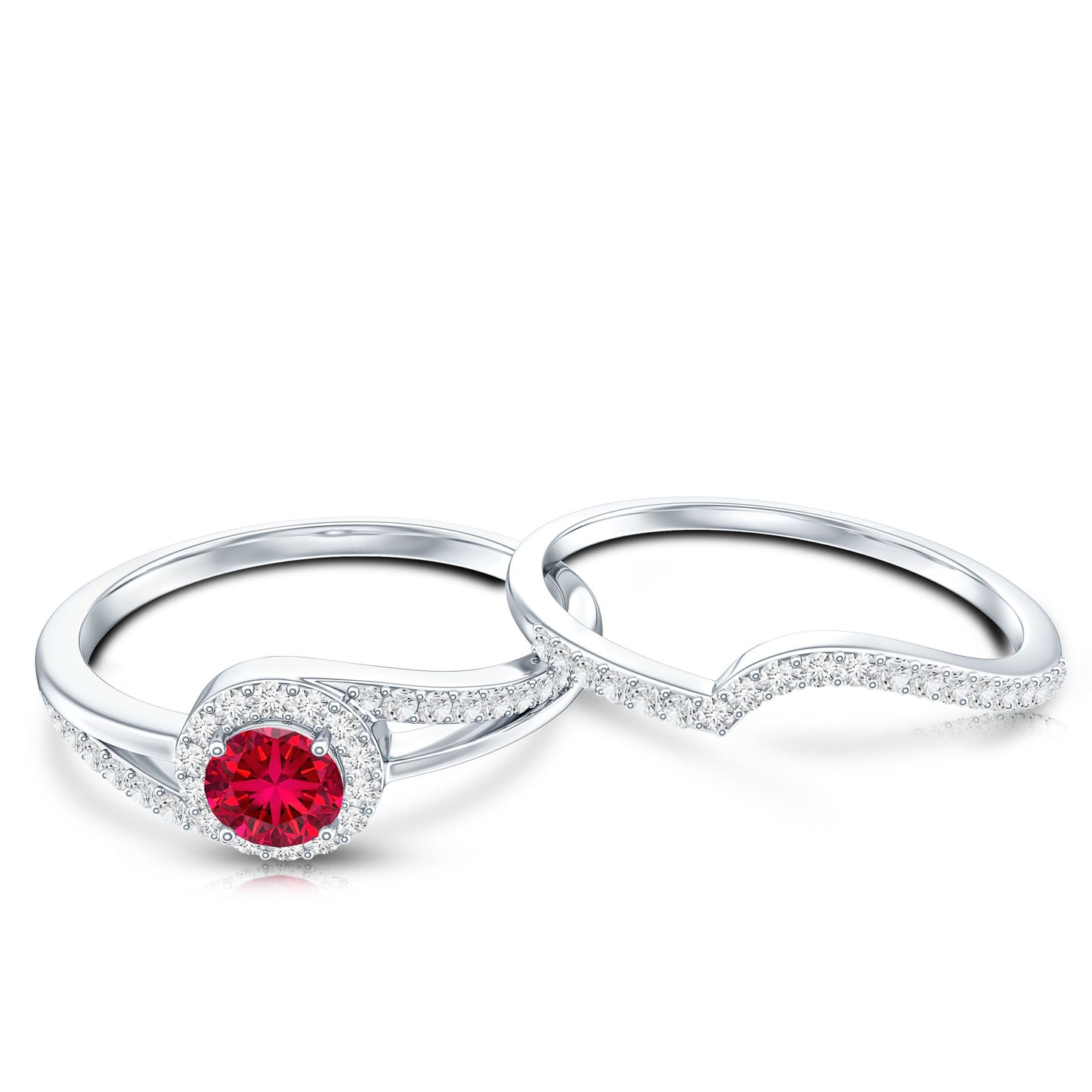 Certified Lab Ruby and Diamond Halo Wedding Ring Set