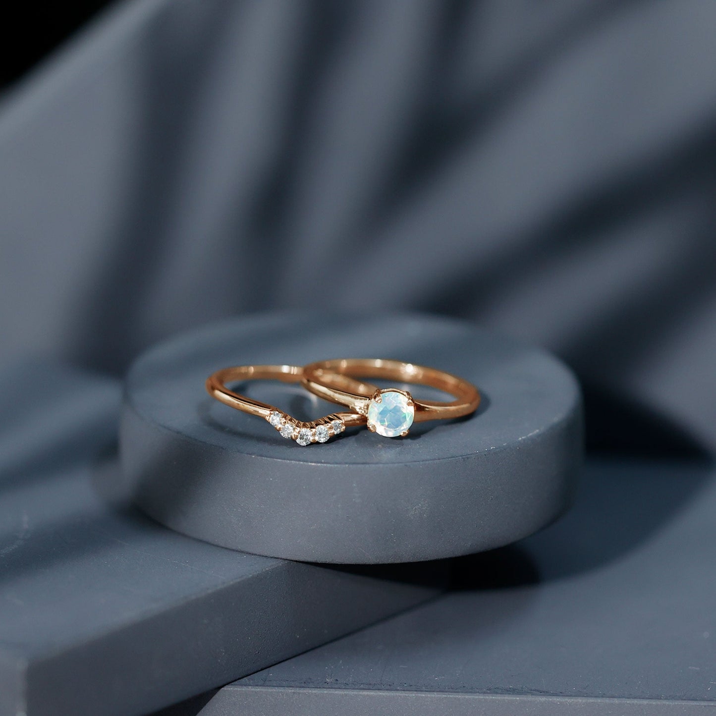 Minimal Ethiopian Opal Diamond Promise Ring Set