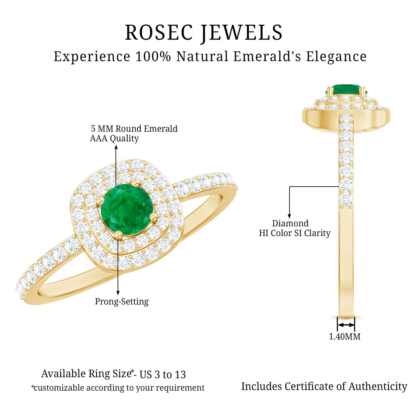 Round Emerald and Diamond Double Halo Engagement Ring