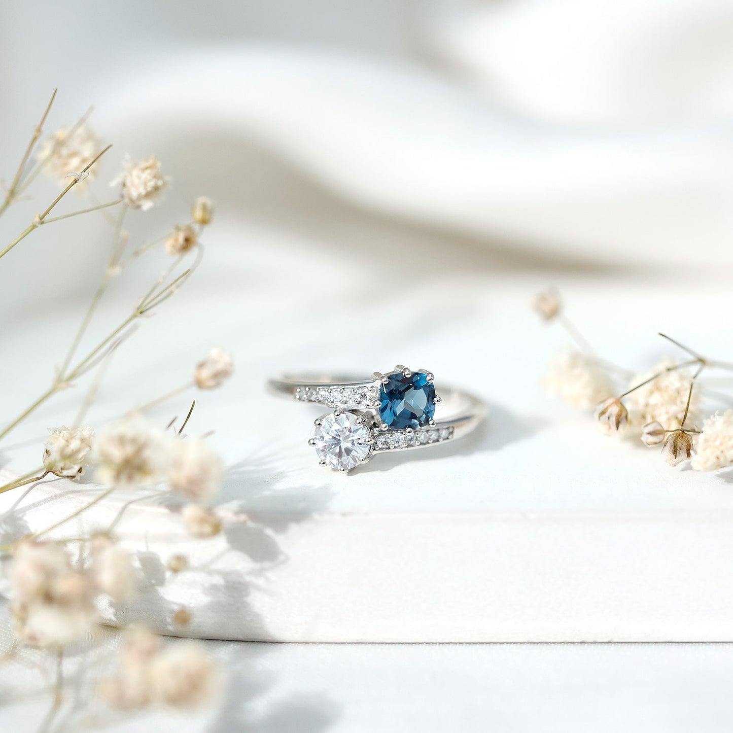 London Blue Topaz Designer Two Stone Engagement Ring in Silver