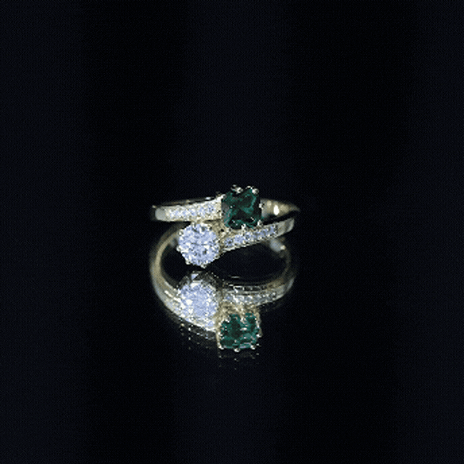 Lab Created Emerald and Moissanite Two Stone Engagement Ring in Silver