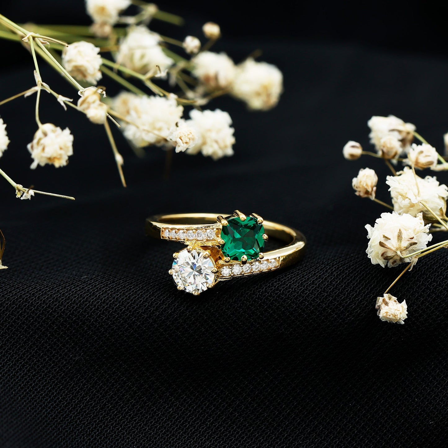 Lab Created Emerald and Moissanite Two Stone Engagement Ring in Silver