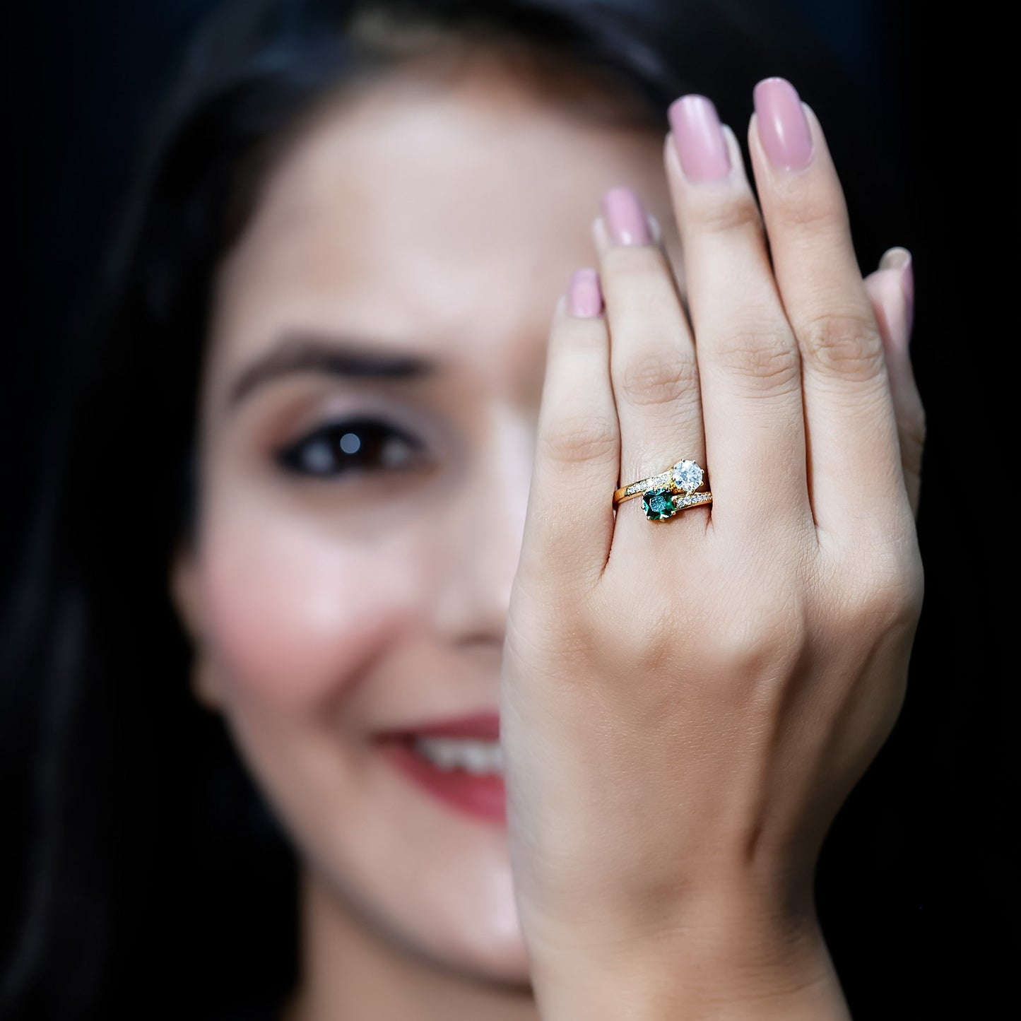 Lab Created Emerald and Moissanite Two Stone Engagement Ring in Silver