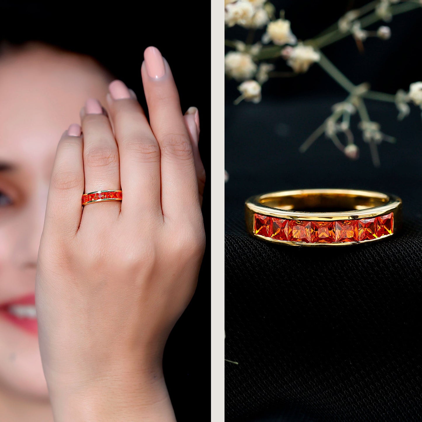 Princess Cut Lab Grown Orange Sapphire Half Eternity Band in Channel Set